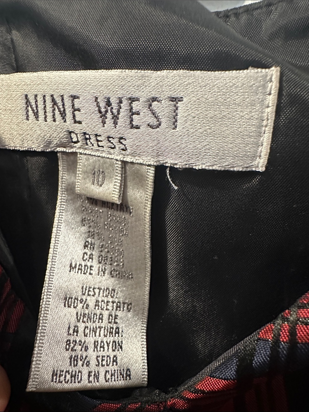 NINE WEST Red Plaid Spaghetti-Strap Party Dress Black Velvet Waistband Sz 10 Fun - Picture 9 of 11